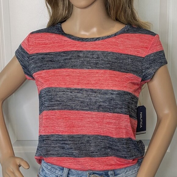 Nautica Womens Red Black Striped T-Shirt Size XS Top Keyhole Back Button Tee New - Picture 2 of 13